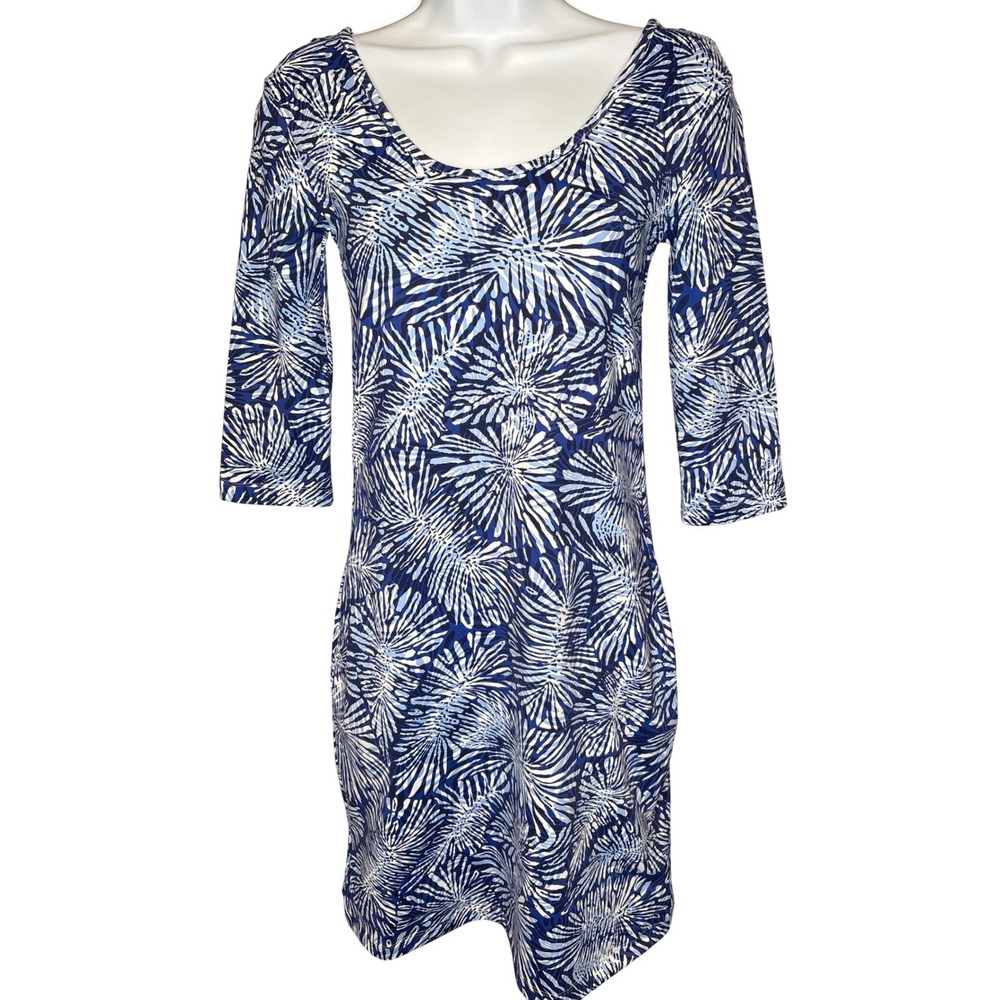 Persifor Womens Blue Abstract Palm Leaf Scoop Neck Dress XS Preppy Coastal‎